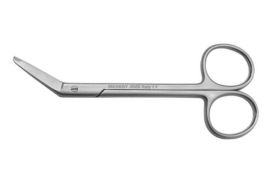 Spencer angled suture scissors with hook.